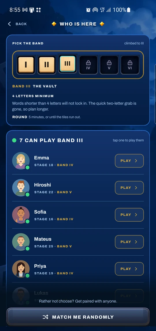 Who is here: a list of players online now at your band, each with a Play button.