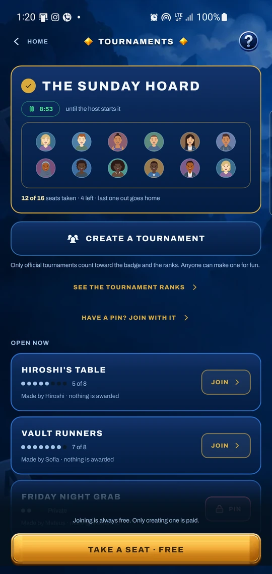 Tournaments: a table filling with players, and open tables to join.