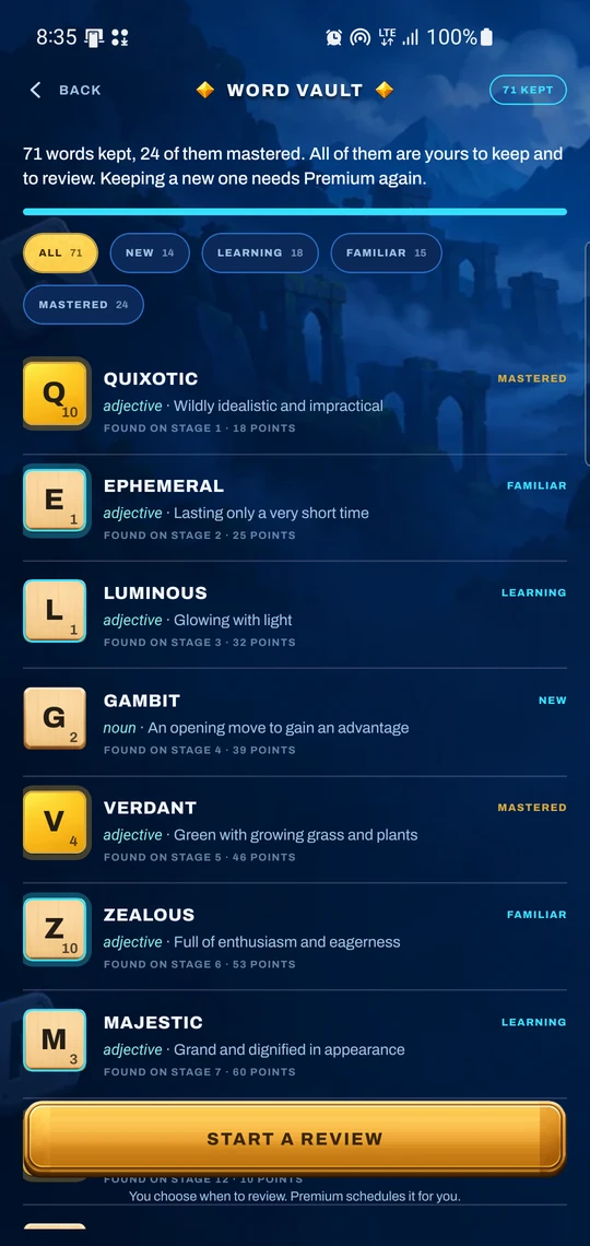 The Word Vault: words you have won, such as QUIXOTIC and EPHEMERAL, each with its meaning.